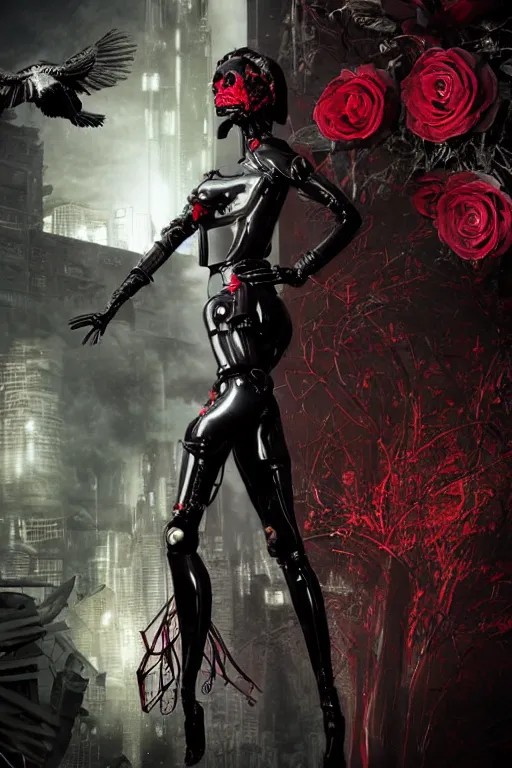 Prompt: full-body cyberpunk style sculpture of a young beautiful dark priestess, half android with a head opening exposing circuitry. glowing red eyes, black roses, flowing blood red colored silk, fabric, candles. baroque elements, human skull. full-length view. baroque element. intricate artwork by caravaggio. crows flying in background. Trending on artstation. octane render. cinematic lighting from the right, hyper realism, octane render, 8k, depth of field, 3D