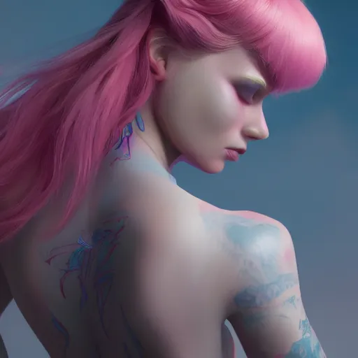 Prompt: beautiful warrior angel with pink hair, from behind, blue piercing eyes, mystery, beautiful aesthetic, by james jean, trending on artstation, digital art, octane render, 8 k, ultra realistic