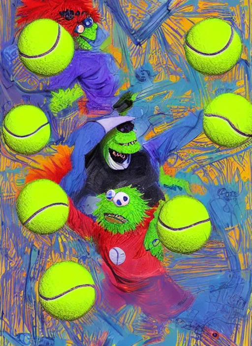 Prompt: tennis ball monsters playing tennis, a tennis ball monster ,tennis ball, colorful, digital art, fantasy, magic, trending on artstation, ultra detailed, professional illustration,chalk, poster artwork by Basil Gogos , clean