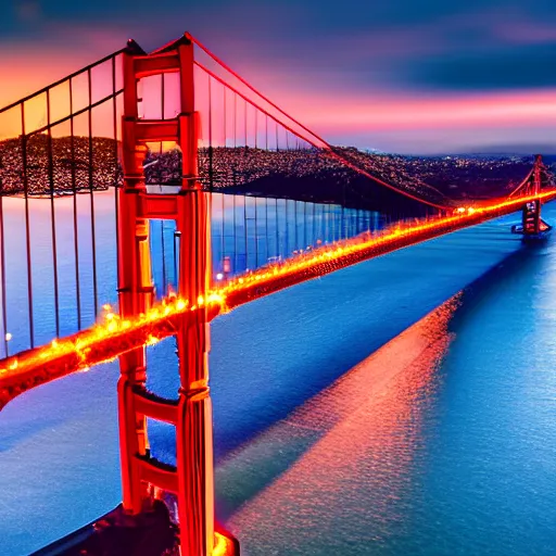 Prompt: a photo of golden gate bridge with a plane flying underneath at dusk