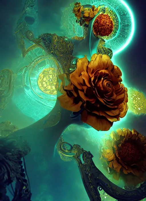 Image similar to flowers within the whole infinite capsule apparent with awe the apparition, an idea seep's into infinity highly detailed in volumetric latent space, golden turquoise steampunk, high contrast cinematic light, mystical shadows, sharp focus, divine realm of gods, octane render, artist by boris vallejo,