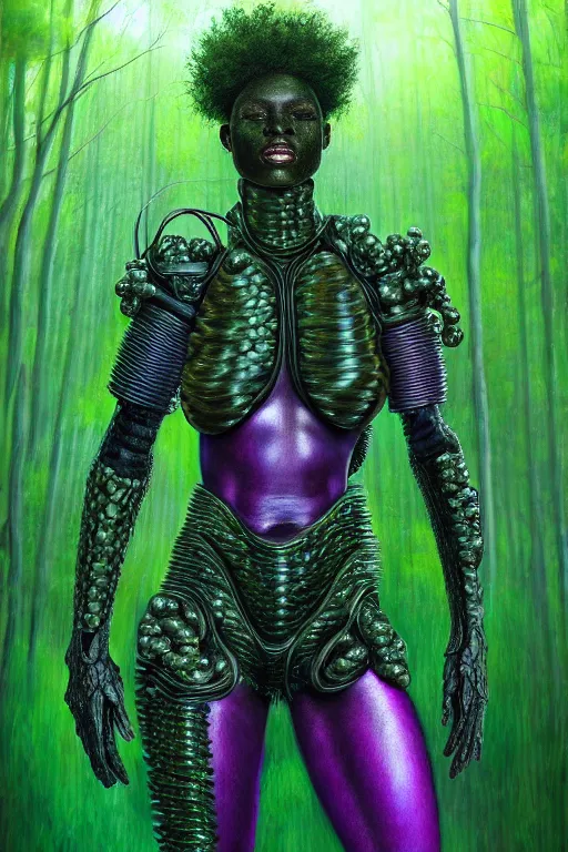 Prompt: hyperrealistic post - raphaelite super expressive! black woman with exoskeleton armor, merging with tree in a forest, highly detailed digital art masterpiece smooth cam de leon eric zener dramatic pearlescent soft green purple light ground angle hd 8 k sharp focus