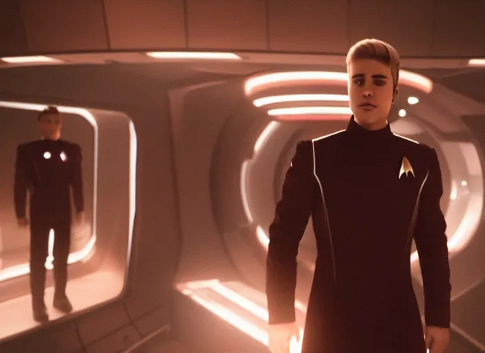 Image similar to Justin Bieber plays as captain in Star Trek Discovery, engine room and warp core in the background, 35mm photography, highly detailed, cinematic lighting, 4k