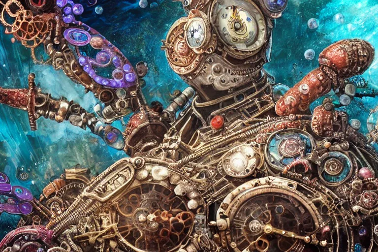 Prompt: beautiful painting close up of a huge caretta wearing a steampunk armour of jewels incrusted with clocks in vast ocean coral reef, water bubbles, intricate details, jewel fishes, two magnificent jelly fish, realistic shaded , steampunk, highly detailed, artstation, illustration Greg Rutkowski , octane render, 4k, dynamic light, volumetric light, neon lights, cinematic mood