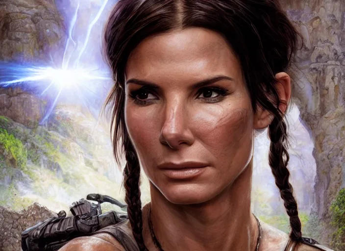 Image similar to face portrait of concentrated young Sandra Bullock as Lara Croft with pig-tails entering an incredible epic ruin, glorious sun beams, intricate, elegant, highly detailed, digital painting, short focus, illustration, Allan Lee, John Howe