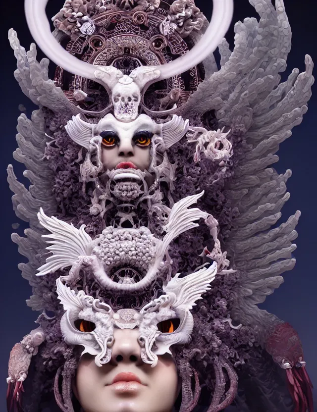 Image similar to 3 d goddess of hell close - up profile portrait with ram skull. beautiful intricately detailed japanese crow kitsune mask and clasical japanese kimono. betta fish, jellyfish phoenix, bio luminescent, plasma, ice, water, wind, creature, artwork by tooth wu and wlop and beeple and greg rutkowski