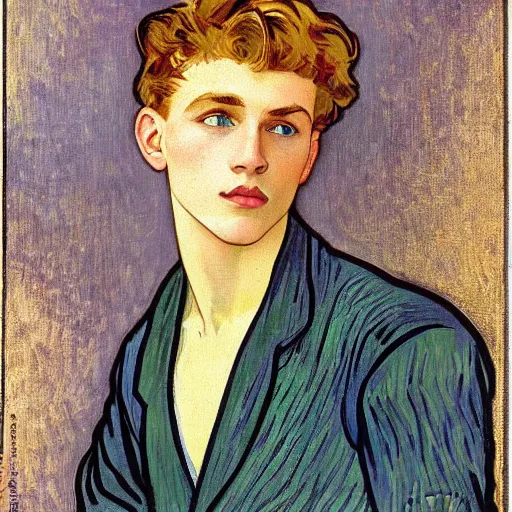 Prompt: painting of a young cute handsome beautiful androgynous strawberry blond medium curly! hair man in his early 2 0 s with a thin mustache and slight beard with grey - blue eyes wearing a blank maroon t - shirt, by alphonse mucha, vincent van gogh, egon schiele