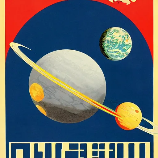 Image similar to soviet propaganda poster of colonization of the solar system