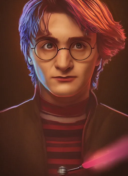 Image similar to harry potter portrait, hogwarts 2 0 7 7, neon, atmospheric, detailed, detailed illustration, 4 k, digital art, sharp focus, abstraction, trending on artstation