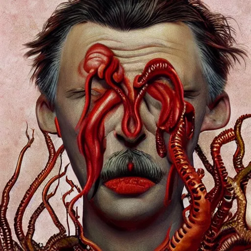 Image similar to igor ivanovich strelkov became an aggressive bloody lovecraftian degenerate worm calling for total mobilization, photo - realistic, color image, 2 k, highly detailed, bodyhorror, occult art