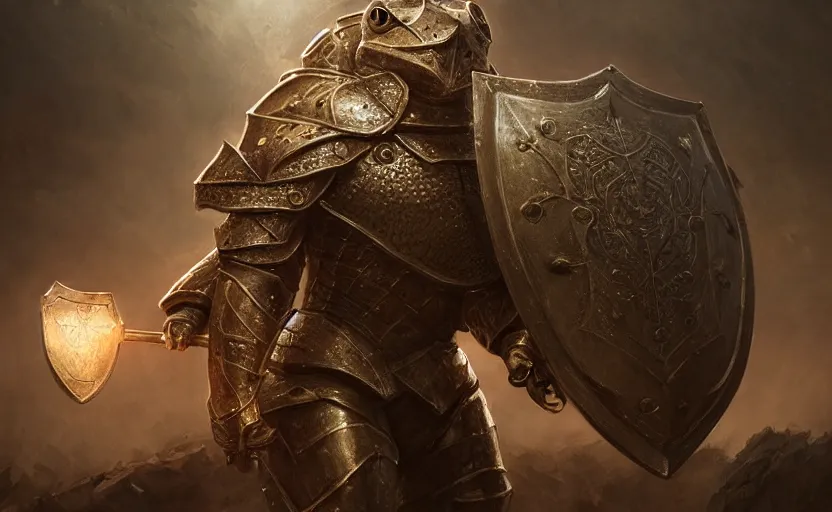 Image similar to a frog knight, holding up a large shield, battle armor, atmospheric lighting painted intricate volumetric lighting, beautiful, sharp focus, ultra detailed by leesha hannigan, ross tran, thierry doizon, kai carpenter, ignacio fernandez rios