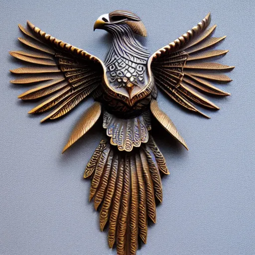 Prompt: gorgeous ornated bronze realistic detailed sacred falcon wall decoration with filigree