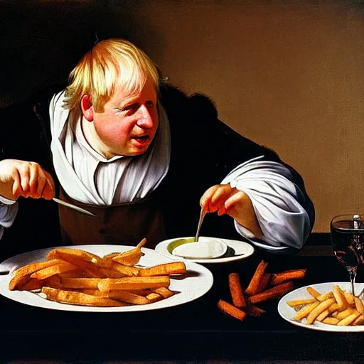 Prompt: portrait of boris johnson eating a plate of deep fried fish and french fries, caravaggio