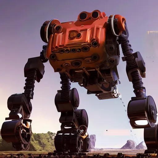 Prompt: giant quadrupedal mining robot, four legs, highly detailed body, industrial robot, photorealistic camera shot, crisp quality and light reflections, unreal engine 5 quality render, artstation, style of robot from generation zero video game