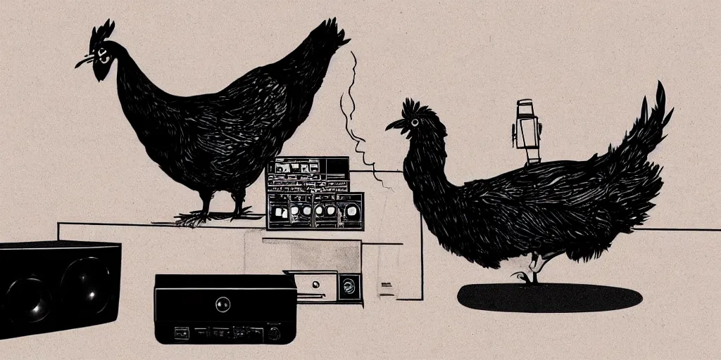 Image similar to 'black chicken'!!! smoking 'cannabis'!!!!!! in front of 'audio console'!!!! and 'multi monitors'!!!! 'in a hi-tech tv broadcasting studio'!!!!, artwork by James Gilleard