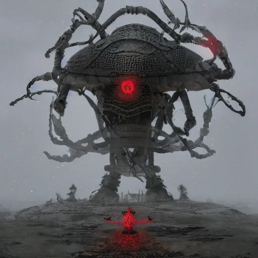 Prompt: giant armored ashigaru beetle war construct golem, glowing gnostic brian froud markings, rotating scythe blades, magic and steam - punk inspired, in an ancient stone circle on a plateau in a blizzard, kanji markings, concept painting by jessica rossier, hr giger, john berkey