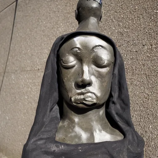 Prompt: This sculpture was painted in 1937 during the Guerra Civil Española. The woman in the sculpture is weeping for her dead husband. She is wearing a black dress and a black veil. Her face is distorted by grief. The sculpture is dark and somber. macro photo by Tara McPherson, by Josef Albers rhythmic, unified