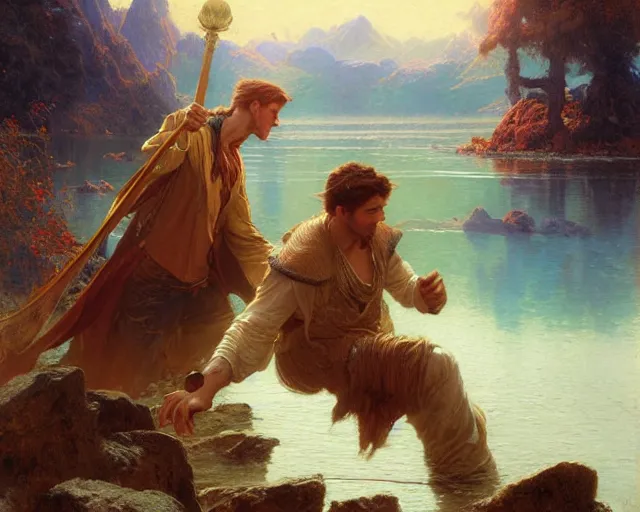 Image similar to attractive male wizard casting powerful giant tsunami spell in a beautiful lake. highly detailed painting by gaston bussiere, craig mullins, j. c. leyendecker 8 k