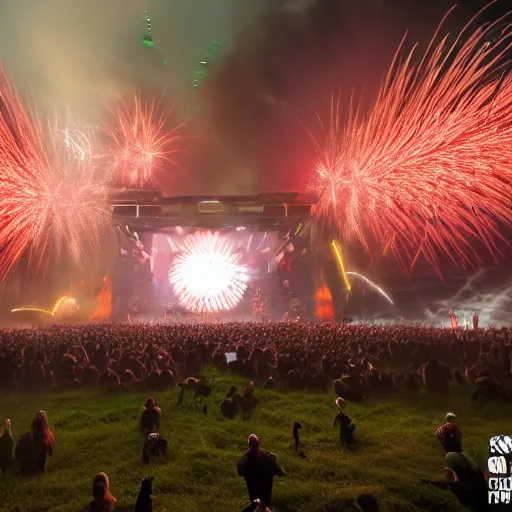 Image similar to outdoor epic festifal mainstage trash hybrid defqon 1 festival light beam lasers, firework, flamethrower, co2, crowd, octane render, 3d, unreal engine, highly detailed, 4k, 8k, HD