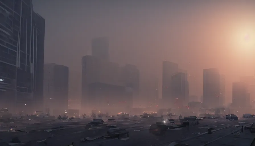 Prompt: damaged los angeles at sunset, light between the buildings, people fleeing the streets, ambulance and police cars in the streets, smoke fog, desolation, hyperdetailed, artstation, cgsociety, 8 k