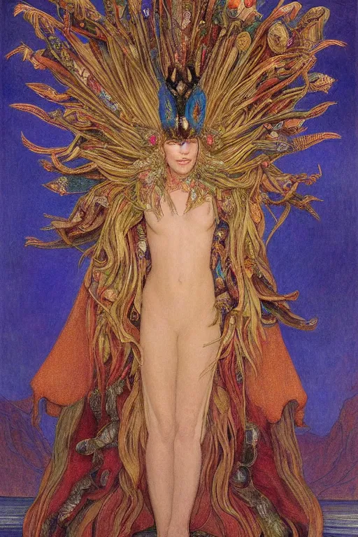 Image similar to cate blanchett , by jean delville and Gaston Bussière and Tino Rodriguez and Diego Rivera , elaborate headdress and embroidered velvet, iridescent beetles, rich color, dramatic cinematic lighting, extremely detailed