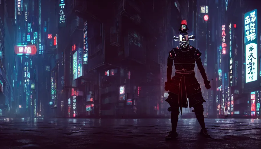 Prompt: a man in samurai armor in night city, samurai mask, cyberpunk horror style, cyberpunk, cyberpunk futuristic neo, detailed and intricate environment, octane render, unreal engine, 4 k, by makoto sinkai