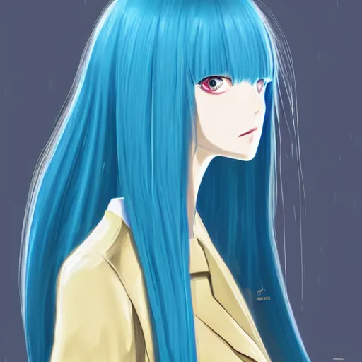 Prompt: side profile of rimuru tempest with sky blue hair, long hair, sharp face, gold eyes, high collar, black jacket | shiny, highly detailed, rain, professional digital painting, concept art, award - winning photography, cinematic, wlop | art by pixiv art, yoshitaka amano, junki ito