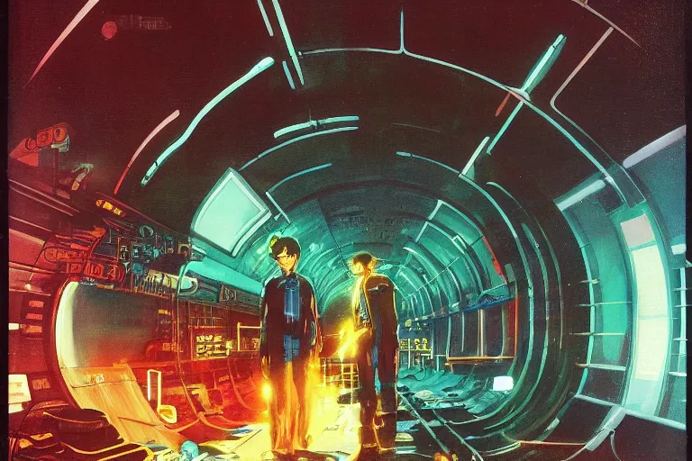 Prompt: 1979 OMNI Magazine Cover of a subway train maintenance tunnel. Cyberpunk Akira style by Vincent Di Fate