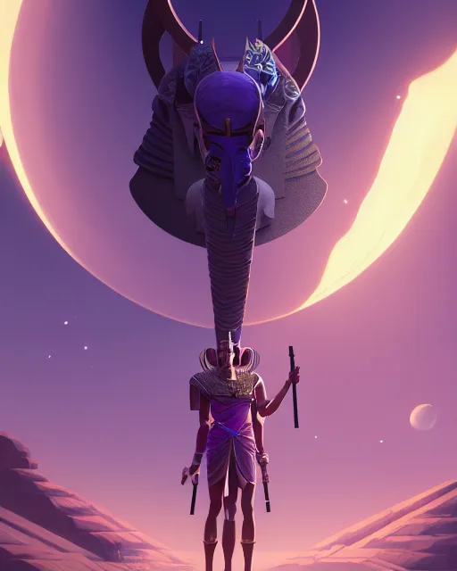 Image similar to highly detailed vfx portrait of egyptian god anubis with ankh staff floating in space purples, unreal engine, greg rutkowski, loish, rhads, beeple, makoto shinkai and lois van baarle, ilya kuvshinov, rossdraws, tom bagshaw, alphonse mucha, global illumination, detailed and intricate environment