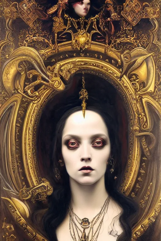 Prompt: hyper realistic painting portrait of goth queen, occult diagram, elaborate details, detailed face, intrincate ornaments, gold decoration, occult art, oil painting, art noveau, in the style of roberto ferri, gustav moreau, jean delville, bussiere, andrew gonzalez