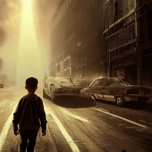 Image similar to a boy in a big apocalyptic city, sunrays in fog, sharp high quality artwork in style of jared chavez, unreal engine, hyper realism, realistic shading, cinematic composition, hdr, detailed textures, photorealistic, 3 5 mm film, concept art, top of artstation