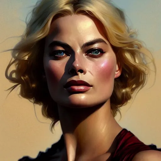 Image similar to Margot Robbie, western, closeup, D&D, fantasy, intricate, elegant, highly detailed, digital painting, artstation, concept art, matte, sharp focus, illustration, art by Artgerm and Greg Rutkowski and Alphonse Mucha