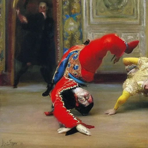 Prompt: a court jester break dancing while the queen watches in confusion and dismay. 85mm Ilya Repin, WLOP