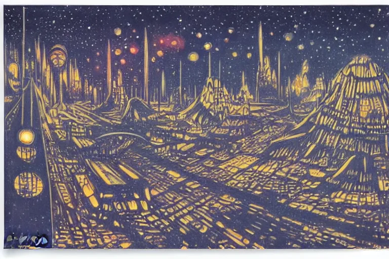 Image similar to a scifi illustration, Night City on Hoth by Louis Wain (1920)