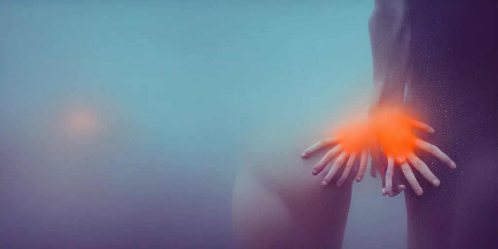 Image similar to a blurry closeup picture of gorgeous human bodies intertwined, female bodies, hands, dripping wet, macro photography, long exposure photograph, surrealism, anamorphic bokeh, cozy, soft light, cyan and orange, caustic, atmospheric fog, octane render, cinematic