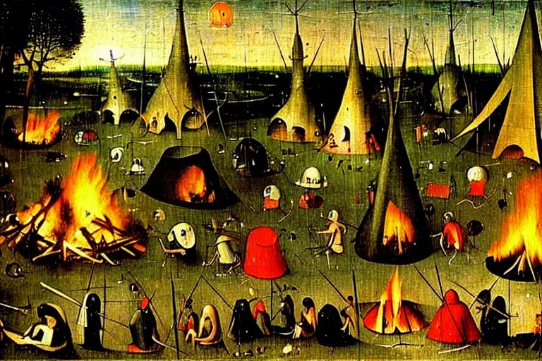 Image similar to hieronymus bosch painting of a campsite with bonfire