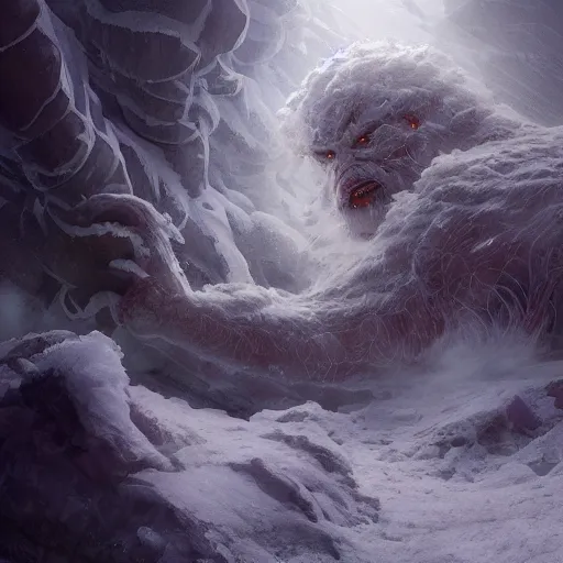 Image similar to A monster in the Arctic covered in snow, fractal Lighting, by Stanley Artgerm Lau, WLOP, Rossdraws, James Jean, Andrei Riabovitchev, Marc Simonetti, and Sakimichan, trending on artstation