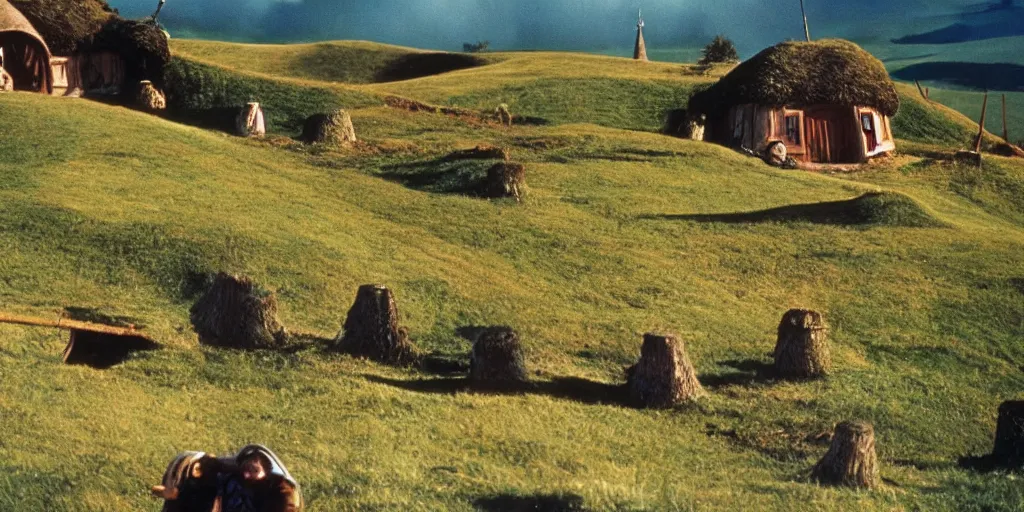 Image similar to A full color still from a Stanley Kubrick film featuring Hobbiton with windows, doors, and chimneys built into the hills, 35mm, 1975