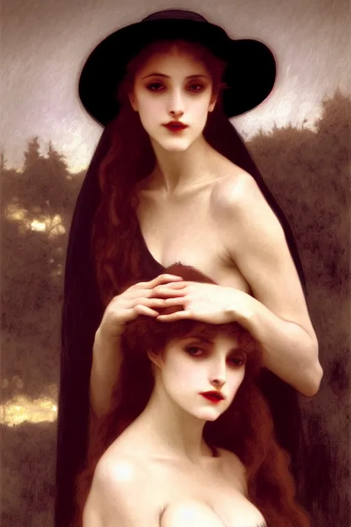 Image similar to vampire in a big hat, painting by rossetti bouguereau, detailed art, artstation