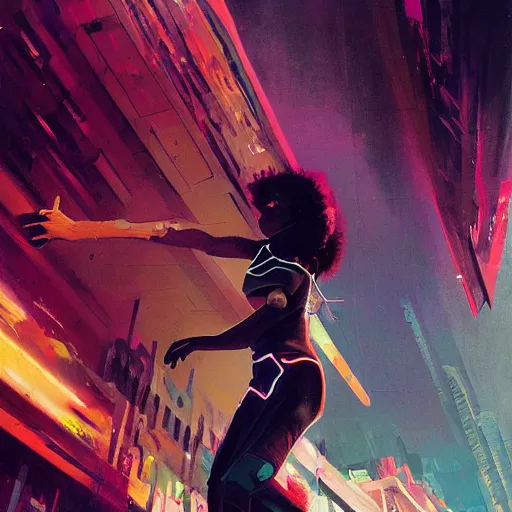 Prompt: a black girl flying through the synthwave city with a rocketpack in a cyberpunk style by greg rutkowski and android jones, oil on canvas