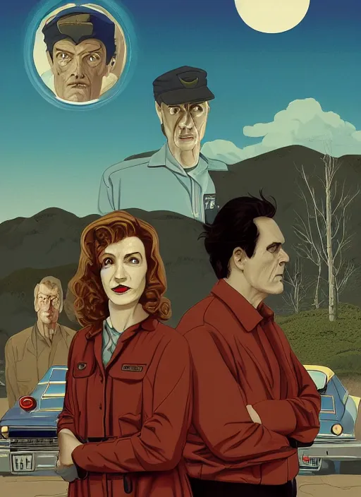 Prompt: Twin Peaks art, of Michael Shannon dressed as mechanic talking to Jennifer Connelly wearing light blue diner waitress dress, poster artwork by Michael Whelan, Bob Larkin and Tomer Hanuka, Kilian Eng, Chris Moore, Jeffery Smith, from scene from Twin Peaks, simple illustration, domestic, nostalgic, from scene from Twin Peaks, clean, full of details, by Makoto Shinkai and thomas kinkade, Matte painting, trending on artstation and unreal engine, New Yorker magazine cover