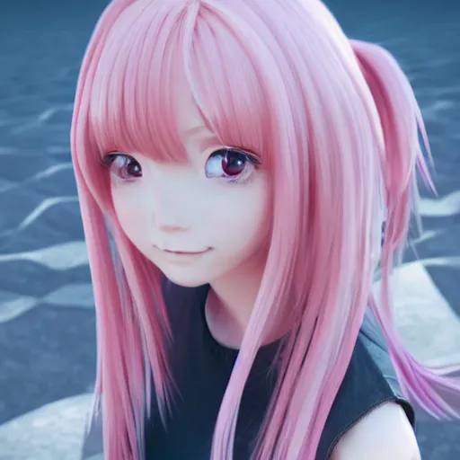 Image similar to Render of a beautiful 3d anime woman, long pink hair, full bangs, hazel eyes, cute freckles, full round face, soft smile, Chinese heritage, cute checkerboard sundress, golden hour, serene beach setting, medium shot, mid-shot, hyperdetailed, trending on Artstation, Unreal Engine 4k