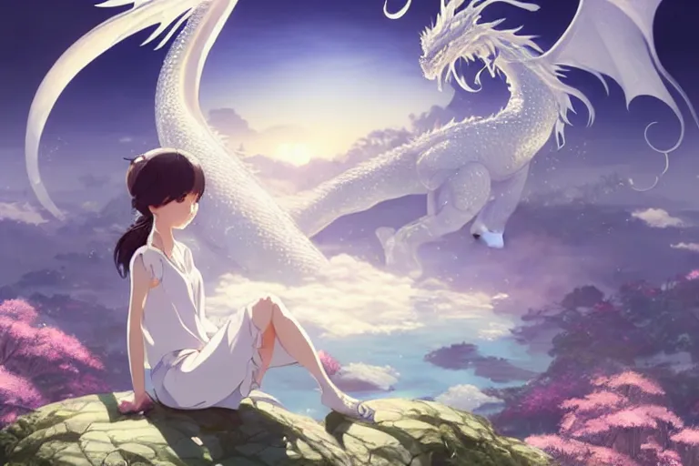 Image similar to a hyper detailed big render that a beautiful girl sitting surrounded by a huge silver white dragon alone in fairyland surrounded by white clouds, finely detailed angelic face, style of studio ghibli, makoto shinkai, xision, ilya kuvshinov and artgerm, kazuki tanahashi, james jean, animation style, golden curve composition, ultra wide angle