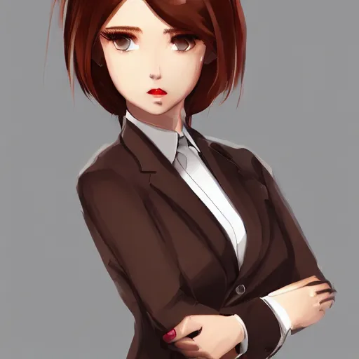 Image similar to woman in business suit, brown neat hair, animesque, pixiv, fanbox, trending on artstation, portrait, modern, sleek, highly detailed, formal, serious, determined, competent, colorized, smooth, charming, pretty, safe for work, big gooba