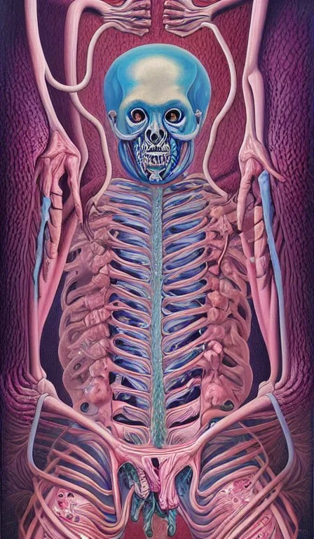 Image similar to a biomorphic painting of the fool tarot card, a anatomical medical illustration by nychos and alex grey, cgsociety, neo - figurative, pastel blues and pinks, detailed painting, rococo, oil on canvas, lovecraftian