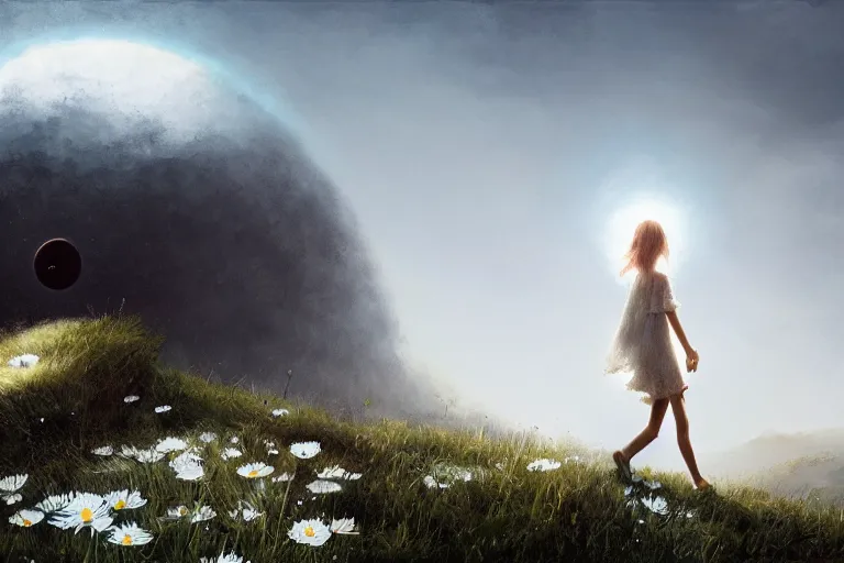 Image similar to giant white daisy flower head, girl walking on cliff, surreal photography, solar eclipse, milky way, dramatic light, impressionist painting, clouds, digital painting, artstation, james gilleard and liam wong and jeremy mann