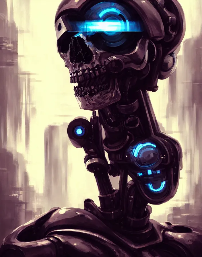 Image similar to skull - headed robot cyborg painting, illutstration, concept art, cyberpunk, futurism, comics art, artgerm, full body shot, wide angle