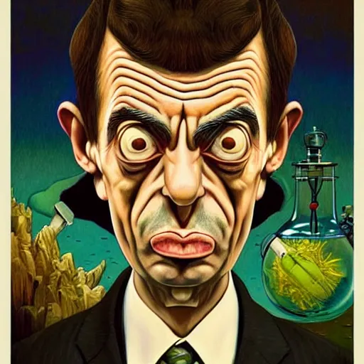 Prompt: mr. bean mad scientist psychopath, conjuring up mysterious colorful potions, portrait by gaston bussierre and charles vess and james jean and erik jones and rhads, inspired by rick and morty, epic, funny, huge scale, beautiful fine face features, intricate high details, sharp, ultradetailed