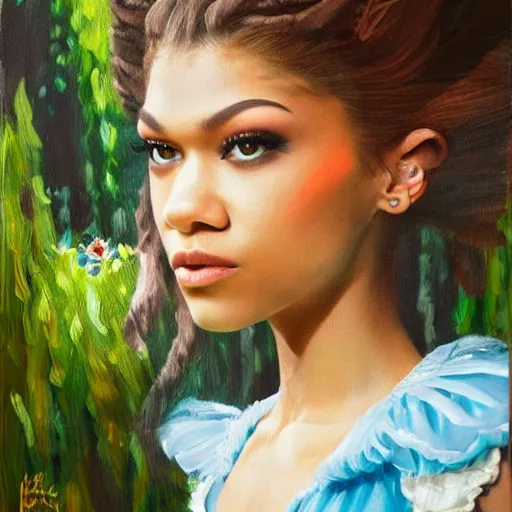 Image similar to zendaya as Alice in wonderland, oil painting, high detail,