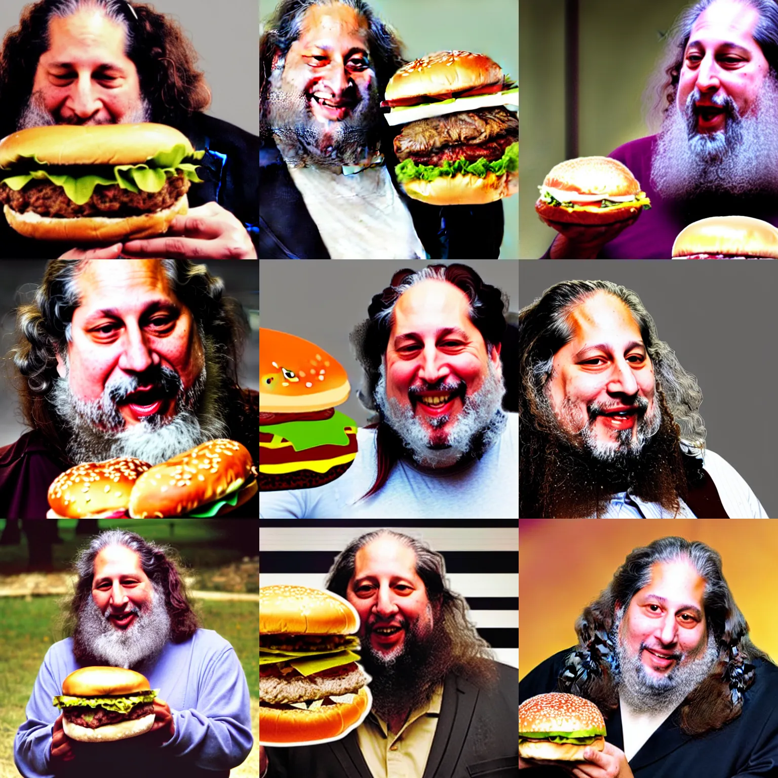 Prompt: photo of richard stallman trying to eat a giant hamburger